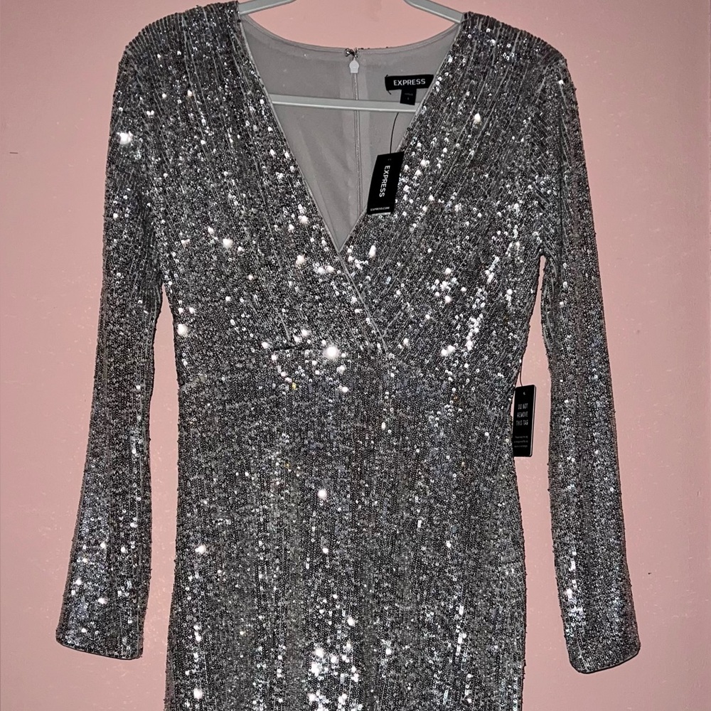 Express Silver Sequin Long-sleeve Dress